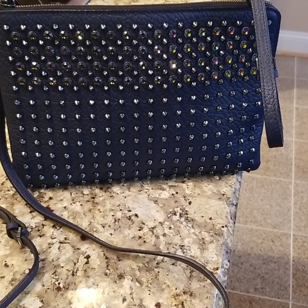 MCM Navy Leather Swarovski Crystal Studded Handbag